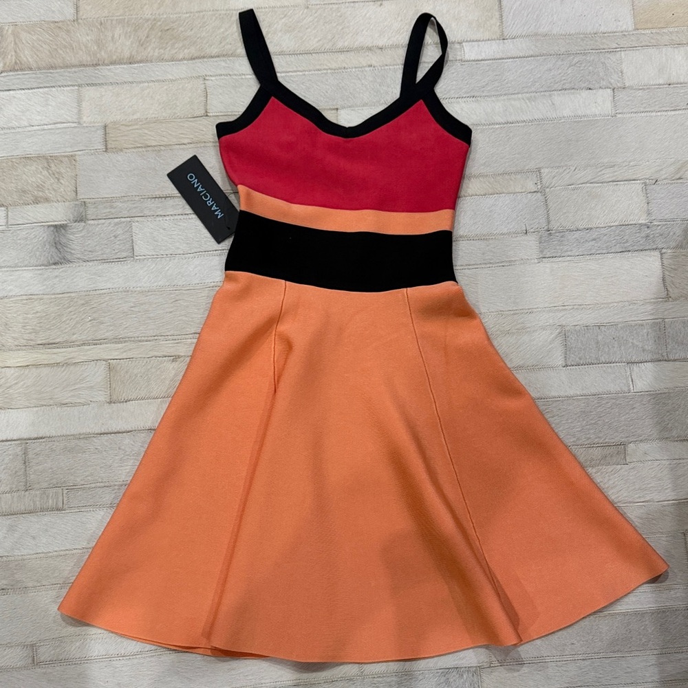 MARCIANO Colorblock Fit-and-Flare Dress in Red, Orange & Black